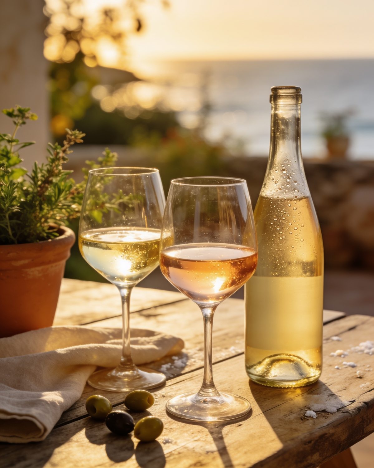 Tavola imbandita all'aperto con bicchieri di vino bianco e rosato per Ferragosto