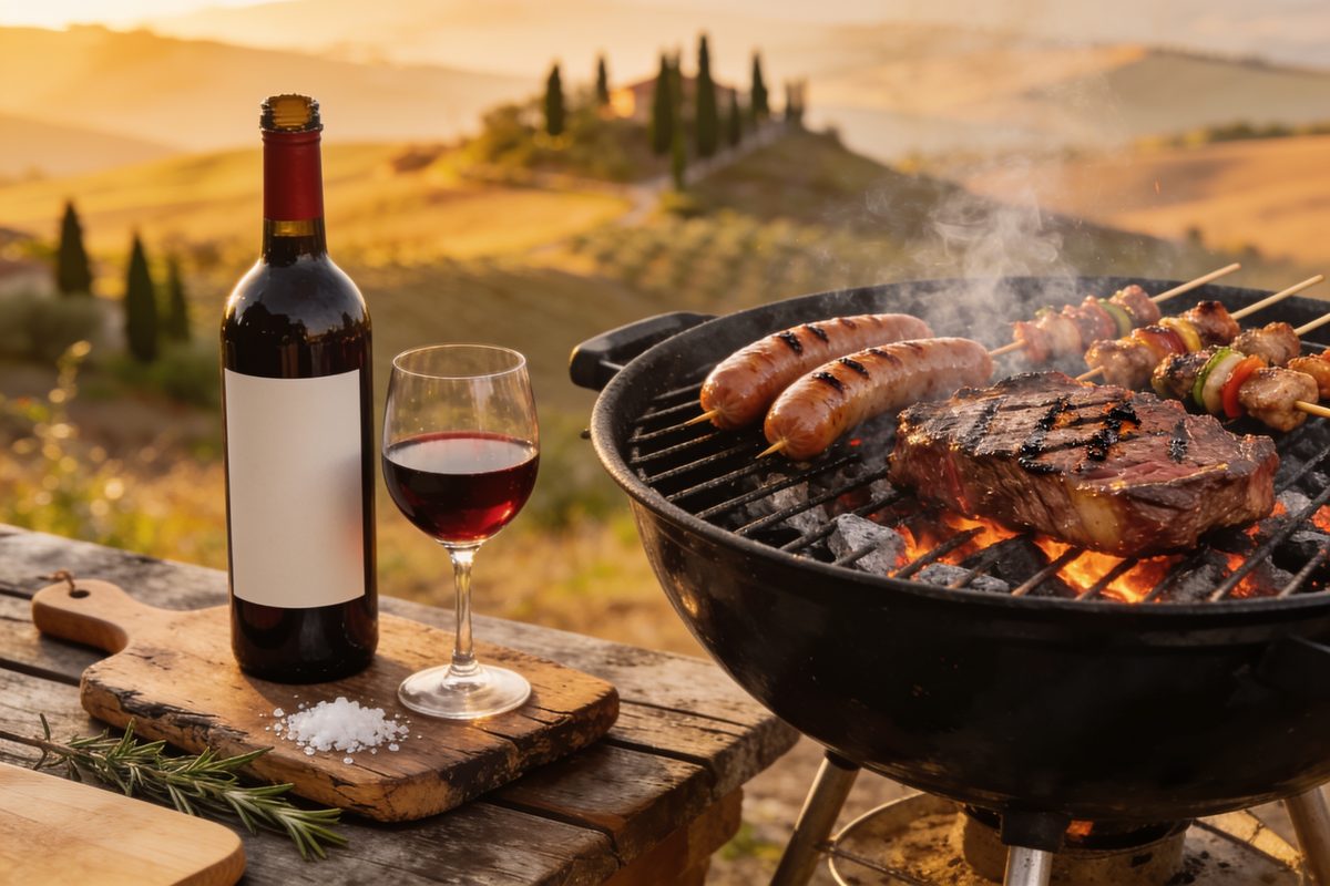Salsicce, spiedini e bistecca sulla brace accanto a una bottiglia di rosso, colline al tramonto sullo sfondo